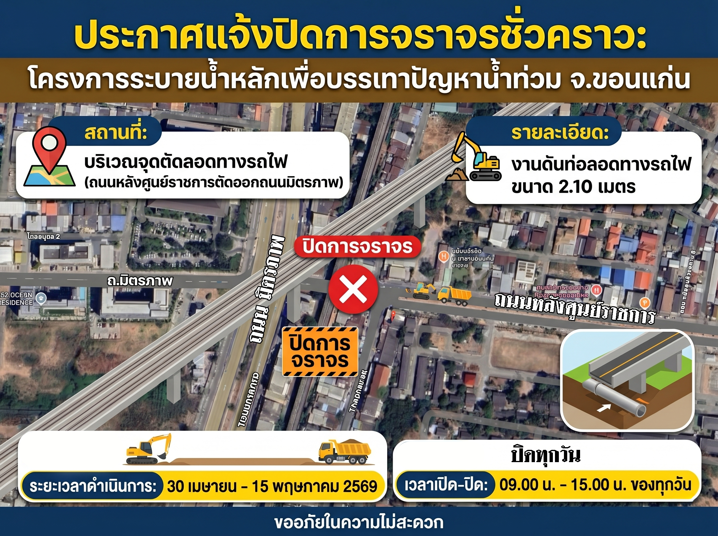 ปิดถนนหลังศูนย์ราชการ ตั้งแต่เวลา 09.00 น. ถึง 15.00 น วันที่ 30-15 พ.ค. 69