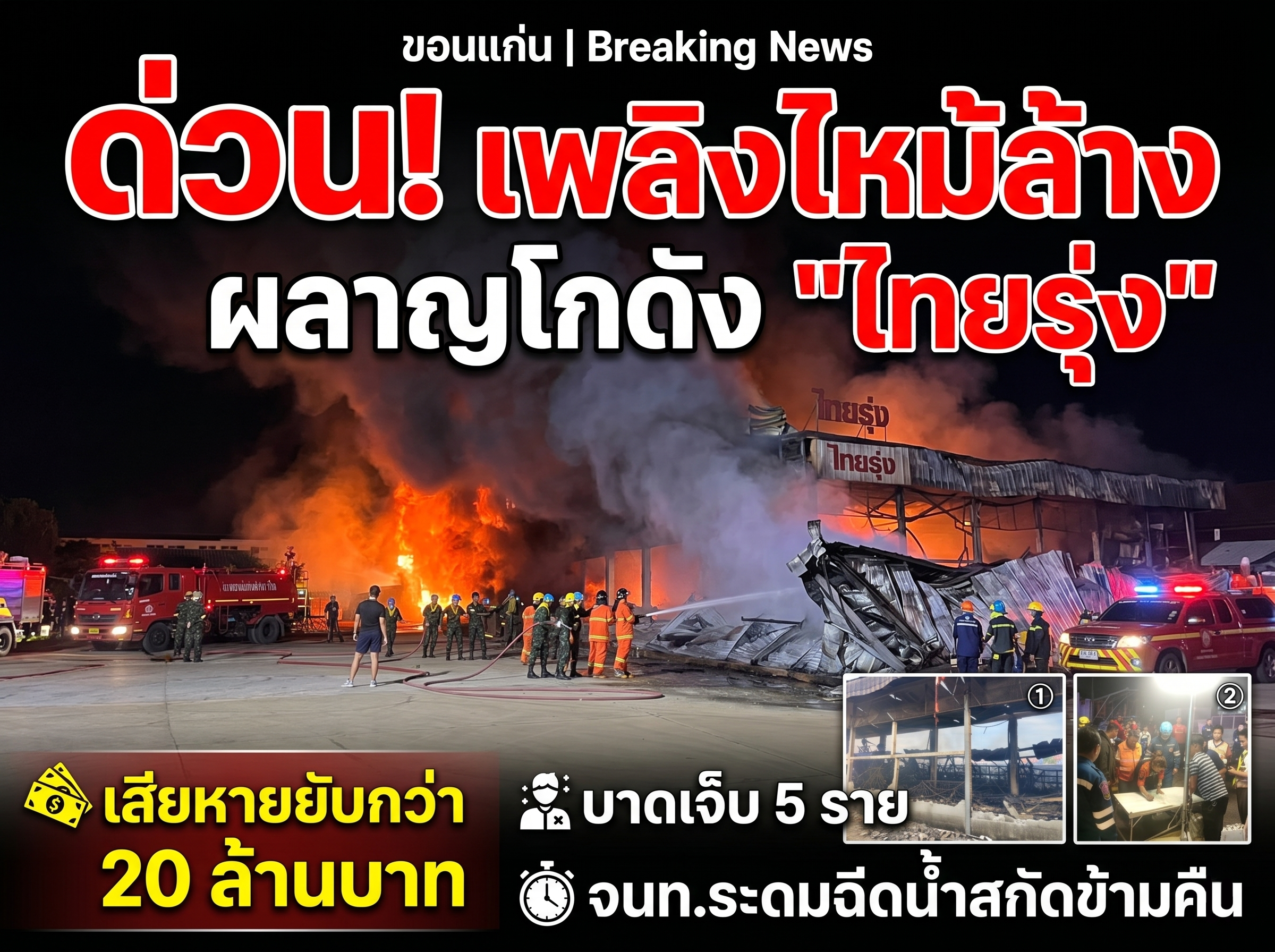 เพลิงไหม้ล้างผลาญโกดังค้าส่ง “ไทยรุ่ง” เสียหายยับกว่า 20 ล้านบาท บาดเจ็บ 5 ราย จนท.ระดมฉีดน้ำสกัดข้ามคืน