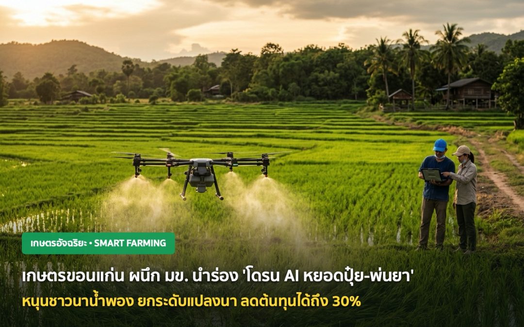 เกษตรขอนแก่น ผนึก มข. นำร่อง ‘โดรน AI หยอดปุ๋ย-พ่นยา’ หนุนชาวนาน้ำพอง ลดต้นทุน 30%