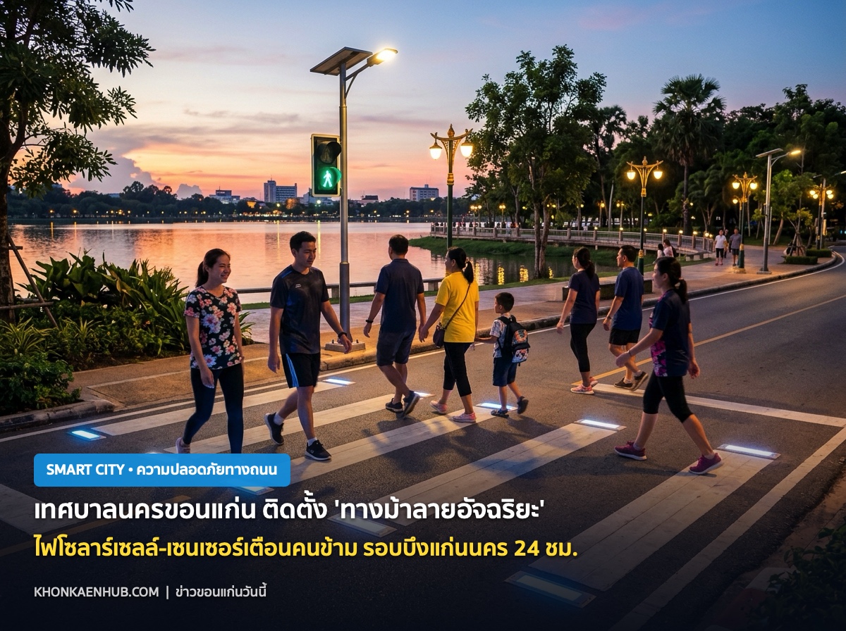 เทศบาลนครขอนแก่น ติดตั้ง 'ทางม้าลายอัจฉริยะ-ไฟโซลาร์เซลล์' รอบบึงแก่นนคร ปลอดภัย 24 ชม.
